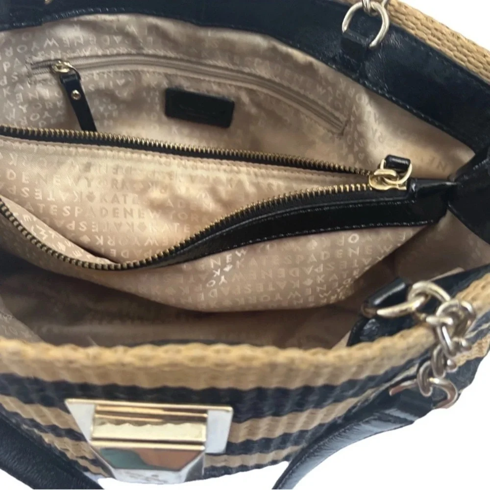 Kate spade Handbag Satchel Straw Leather Shoulder Bag Black Camel Striped